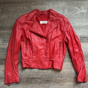 Vintage Lillie Rubin Women's Cropped Leather Moto Biker Jacket Coat Red Size 8